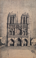Notre-Dame egyedi tollrajz - 44x32 cm kerettel - azonosítatlan (párizsi székesegyház, utcakép)