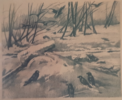 Barta Ernő: Varjak - I. világháborús litográfia - Wola Łużańska, Lengyelország, 1910-es évek