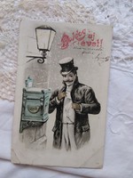 Antik hosszúcímzéses litho/litográfiás újévi képeslap/üdvözlőlap, férfi cilinderben, postaláda 1905