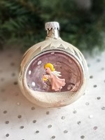Régi üveg diorámás angyalkás karácsonyfa dísz 8.5cm
