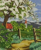 1H023 spring landscape with church tapestry in gilded frame 49.5 X 43 cm