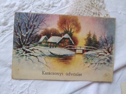 Régi grafikus, karácsonyi képeslap/üdvözlőlap, havas ház, folyó, erdő, 1920-as évek