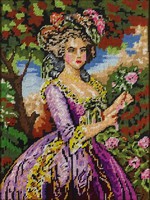 1H022 Woman in purple dress with tapestry in gilded frame 43 x 36 cm