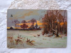 Antik litho/litográfiás karácsonyi képeslap/üdvözlőlap havas téli táj, őzek 1908
