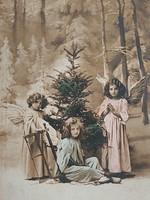 Régi karácsonyi képeslap erdei angyalok fotó levelezőlap kislányok