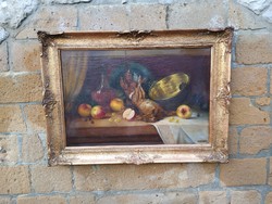 DE WILLE A: VADÁSZAT UTÁN   CSENDÉLET NAGY ANTIK OLAJ VÁSZON FESTMÉNY 112X82 CM