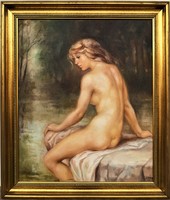 Katalin Csomor (1945 -) nude on the waterfront c.Oil painting with original guarantee!