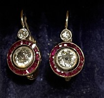 About 1 forint! Rare art deco button brilliant gold earrings (approx. 1 carat) with baguette rubies!