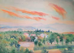 Vajszada Károly (1901-1977): Kilátás az erdei falucskára (akvarell) - panoráma tüzes égbolttal