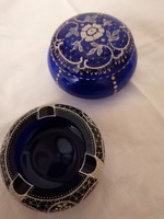 Parade of hand-painted thick blue glass bonbonier and ashtray