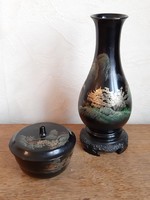 Fekete arany zöld tónusú fa váza és fedeles dobozka Japánból, Inke László hagyatékából