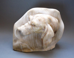 Old alabaster dog statue, marked.