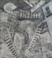 M.C. Escher: relativity - a pen drawing of the world-famous lithography, 32x37 cm