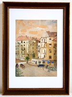 Budapest street after the war watercolor painting labeled work