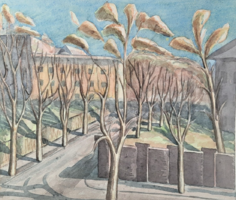Autumn street view with row of trees watercolor (32x27 cm)