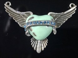 Silver-plated winged heart pendant with enameled heart, blue crystal ribbon, 5.5 x 3.5 cm