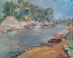 Folyópart kikötővel - olaj-vászon kerettel - azonosítatlan szignó - vízpart, természet, hajó