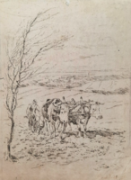 Plowing with cattle - village life picture etching 32x24 cm