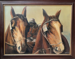 Fegyó Béla (1943-): Hazafelé (olajfestmény 60x80 cm keretezve) ló, állatkép, Patay László tanítványa