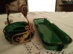 Malachite table set - two ashtrays in a crafted copper holder with a beautifully crafted pen holder!