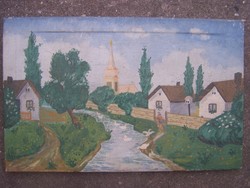 Magyar naiv festő XX. század első fele: Patak partján. Olaj, vászon 40 x 25 cm