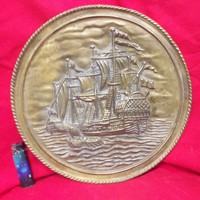 Old bronze, copper sailing ship wall plate, bowl, plate. 30.5 Cm.