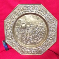 Old bronze, copper sailing ship wall plate, bowl, plate. 34.5 Cm.