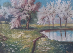 Major henrik (1895 - 1948): blooming waterside landscape, 1939 olive tree - pond, nature, idyll
