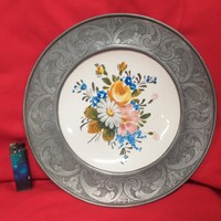 Italy bassano floral, hand-painted ceramic, metal-framed wall bowl, plate. 29.5 Cm.