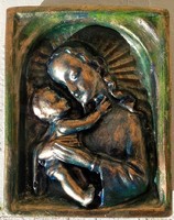 Mária kis Jézussal.14,5x11,5cm-es eozinos kerámia,v. pirogránit jelzés nélkül. Türkiz-arany színben.