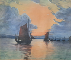 Vitorlások a naplementében (akvarell keretben 54x60) Sterner jelzéssel tengeri tájkép, hajók, kikötő