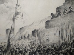 Rozanits: celebration of astronauts - with lenin flag, marked, etching (37.5x28cm)