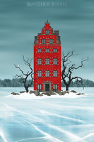 Moira Risen Piros ház, fehér bagoly Kortárs szignált fine art nyomat téli táj jég fagy tó épület fák