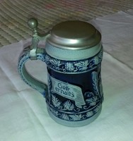 Ceramic beer mug with tin lid, marked, numbered convex pattern, 0.5 liters