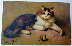 Antik Léon Huber  képeslap  cica