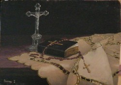 GISZINGER IMRE (1895 – 1935) Csendélet bibliával, füzérrel és korpusszal
