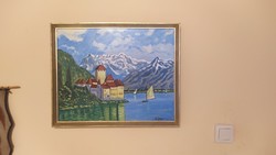 (K) V Jann tájkép / vár festménye 54x43 cm kerettel
