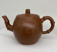 Old Chinese Yixing Zisha Red Ceramic Stoneware Craft Marked Carved Calligraphy Teapot Jug