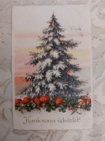 Régi karácsonyi képeslap 1929 levelezőlap lóhere gomba fenyőfa