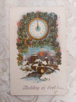 Régi újevi képeslap 1930 levelezőlap lóhere óra szerencsepatkó havas táj