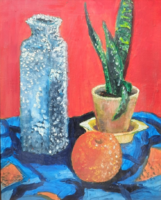 Csendélet tigrislevéllel, üveggel és almával (olaj, farost, kerettel 50x40 cm) színes asztali kép