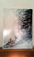 "Téli erdő őzzel" festmény farostlemezre 54 x 40 cm