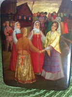 Régi antik 100 éves ékszer orosz doboz - festmény lakirozot FEDOSZKINO