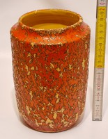 Tófej, fröcskölt, narancssárga mázas henger kerámia váza  (2053)
