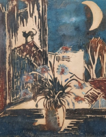 Vince András: Csendélet holdfényben (linómetszet, 16x13 cm, miniatűr) virág az ablakban