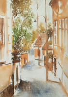 Noble Tibor - beautiful street painting watercolor (signed, 44x31 cm)