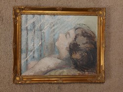 P.K.Szeöke J.: "Napozó lány", festmény, olaj, farost, 40x50 cm+hibátlan, laparanyozott blondel keret