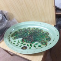 Large custom-made peacock serving, roasted porcelain bowl. Tray.81.5 Cm.