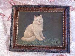 Antik jelzett olaj / vászon festmény FEHÉR CIRMOS - macska ábrázolás