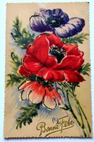 Régi francia glatteres üdvözlő képeslap mákvirágok Születésnapra